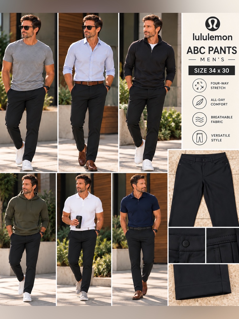 Lululemon Men’s ABC Pants Black Size 34 x 30 Stretch Performance Pants - Picture 2 of 6